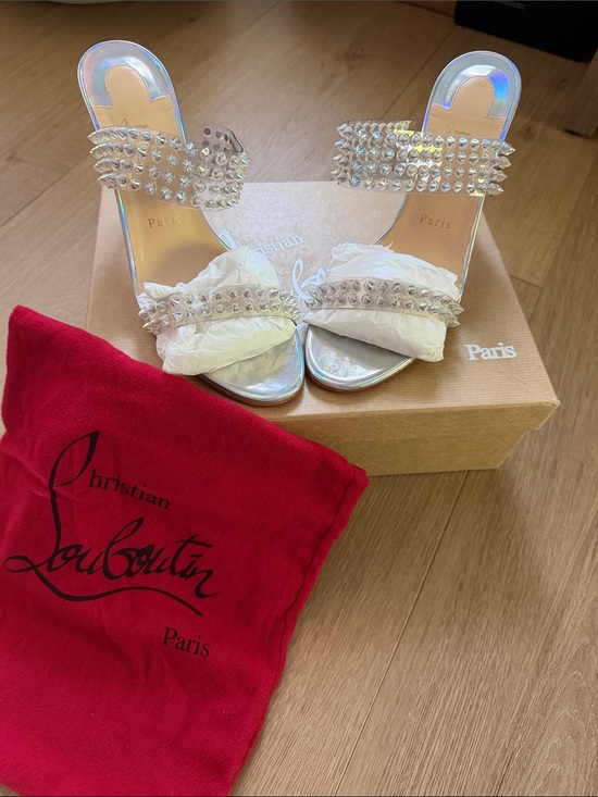 Christian Louboutin Shoes - Christian Louboutin Holographic Silver Crystal-Stud Slide Sandals